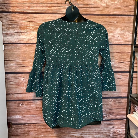 Blouse M Shein High Low Forest Green White Polka Dots Bell Sleeve Shirt - Picture 3 of 9